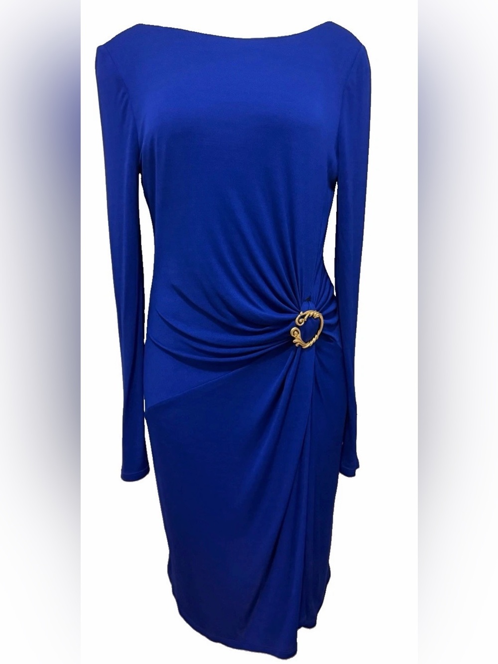 Emilio Pucci Cobalt Blue Long-Sleeve Draped Dress with Gold Accent